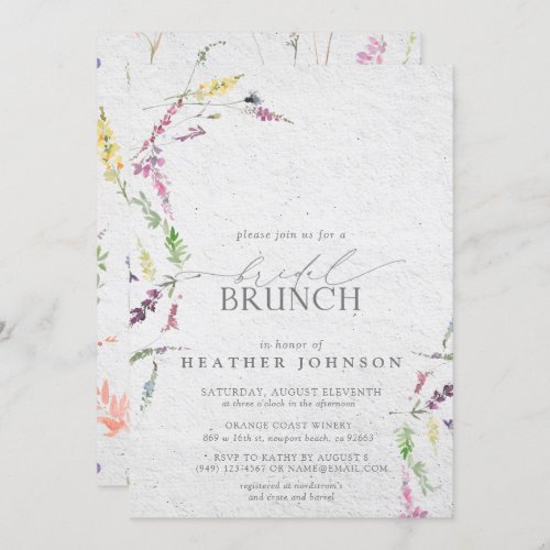 Elegant Wildflower Watercolor Floral Bridal Brunch Invitation - Modern, elegant bridal brunch invitation featuring  watercolor wildflower motifs in soft shades of blush pink, lilac and lavender, yellows, blues and delicate green botanical leaves. Personalize your bridal shower details in soft off-black, accented with beautiful modern hand lettered calligraphy. Copyright Elegant Invites, all rights reserved.