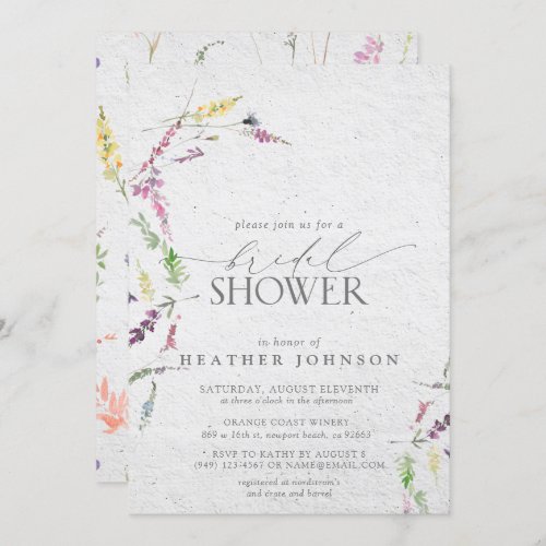 Elegant Wildflower Watercolor Floral Bridal Shower Invitation - Modern, elegant bridal shower invitation featuring  watercolor wildflower motifs in soft shades of blush pink, lilac and lavender, yellows, blues and delicate green botanical leaves. Personalize your bridal shower details in soft off-black, accented with beautiful modern hand lettered calligraphy. Copyright Elegant Invites, all rights reserved.