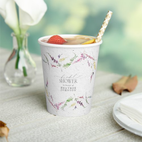 Elegant Wildflower Watercolor Floral Bridal Shower Paper Cups - Create the perfect bridal shower setting with this trendy celebratory paper cup design featuring watercolor wildflower motifs in soft shades of blush pink, lilac and lavender, yellows, blues and delicate green botanical leaves. Personalize your bridal shower details in soft off-black, accented with beautiful modern hand lettered calligraphy. Part of a co-ordinated suite. See full collection here: https://www.zazzle.com/collections/elegant_wildflower_watercolor_floral_bridal_shower-119635760261893795 contact designer for additional products. Copyright Elegant Invites, all rights reserved.