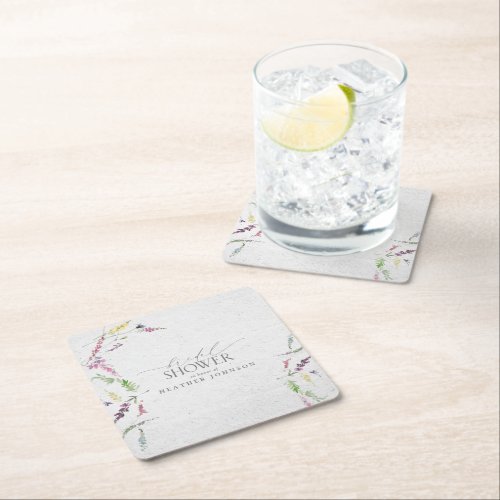 Elegant Wildflower Watercolor Floral Bridal Shower Square Paper Coaster