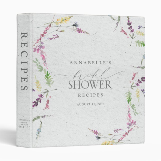 Elegant Wildflower Watercolor Floral Shower 3 Ring Binder (Front/Spine)