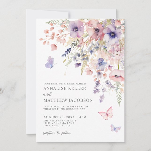 Elegant Wildflower Watercolor Floral Wedding Invitation (Front)