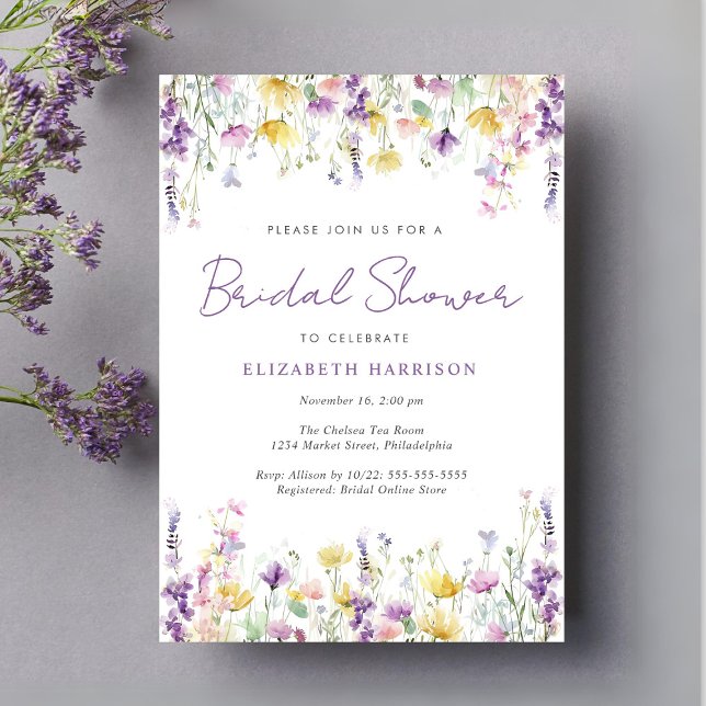 Elegant Wildflower Watercolor Purple Bridal Shower Invitation (Creator Uploaded)