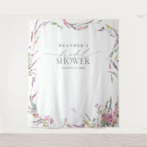 Elegant Wildflower Watercolor Shower Photo Booth Tapestry - Snap your bridal shower selfies in style with this elegant wildflower watercolor floral bridal shower photo booth backdrop in soft shades of blush pink, lilac and lavender, yellows, blues and delicate green botanical leaves. Personalize your bridal shower details in soft off-black, accented with beautiful modern hand lettered calligraphy. Part of a co-ordinated suite. See full collection here: https://www.zazzle.com/collections/elegant_wildflower_watercolor_floral_bridal_shower-119635760261893795 contact designer for additional products. Copyright Elegant Invites, all rights reserved.