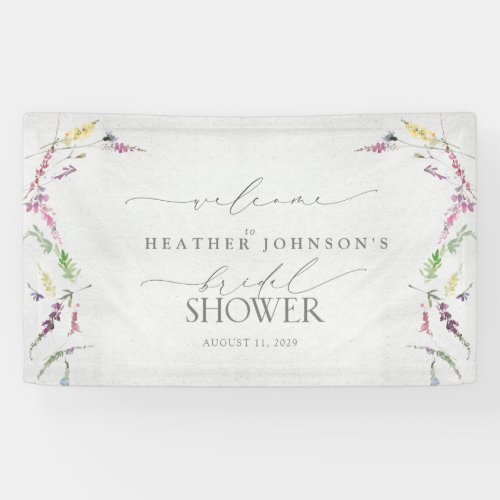 Elegant Wildflower Watercolor Shower Welcome Banner - Designed to coordinate with our bestselling bridal shower invitation, this beautiful Welcome Sign features watercolor wildflower motifs in soft shades of blush pink, lilac and lavender, yellows, blues and delicate green botanical leaves, and hand lettered script typography. Part of a co-ordinated suite. See full collection here: https://www.zazzle.com/collections/elegant_wildflower_watercolor_floral_bridal_shower-119635760261893795 contact designer for additional products. Copyright Elegant Invites, all rights reserved.