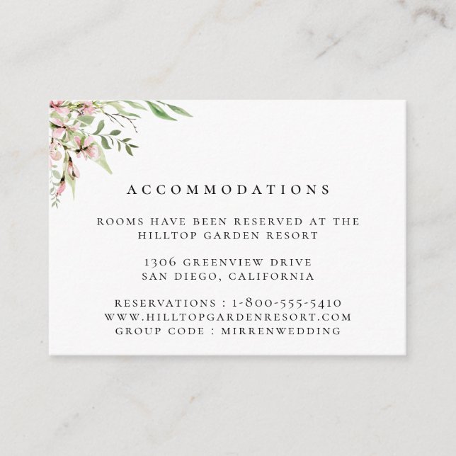 Elegant Wildflower Wedding Accommodations Enclosure Card (Front)