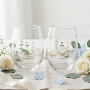 Elegant Wildflower Wedding Couple Drinkware Set Stemless Wine Glass