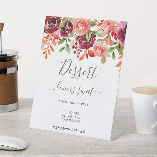 Elegant Wildflower Wedding Dessert Bar  Pedestal Sign (In SItu)