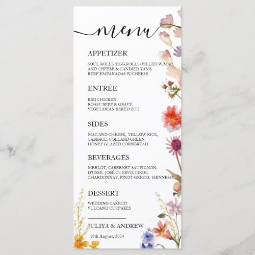 Elegant wildflower Wedding Menu card 