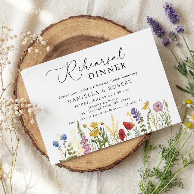 Elegant Wildflower Wedding Rehearsal Dinner Foil Invitation (modern script calligraphy wildflower rehearsal dinner invitation)