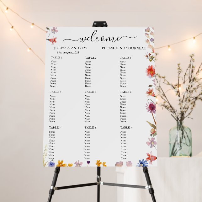 Elegant wildflower Wedding Seating Chart Foam Board (In Situ (Stand))