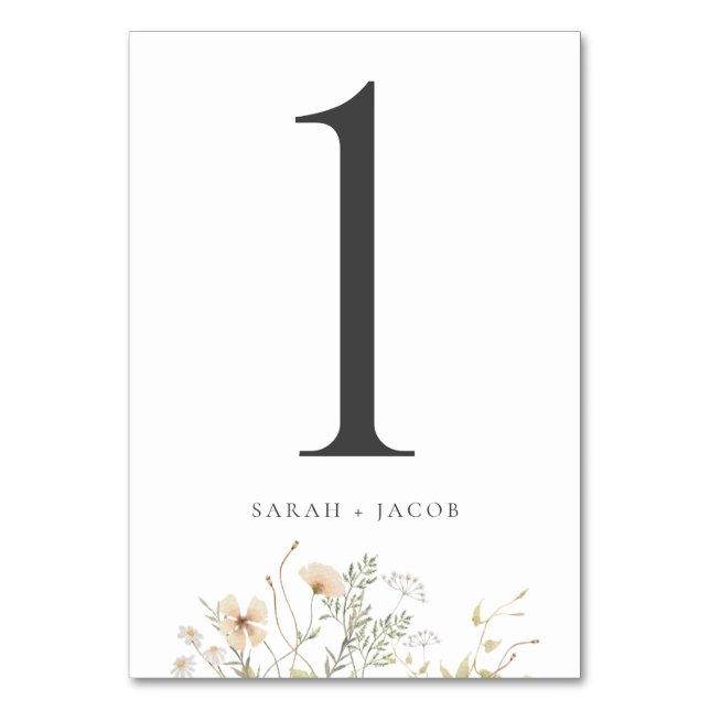 Elegant Wildflower Wedding Table Number Cards (Front)
