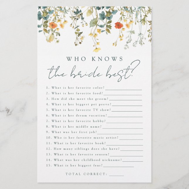 Elegant Wildflower Who Knows the Bride Best Game (Front)