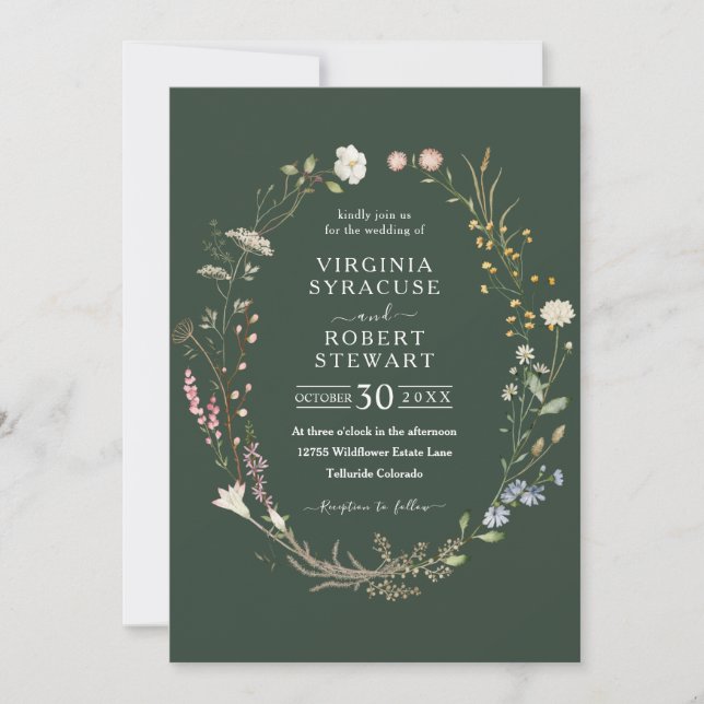 Elegant Wildflower Wreath Royal Green Wedding Invitation (Front)