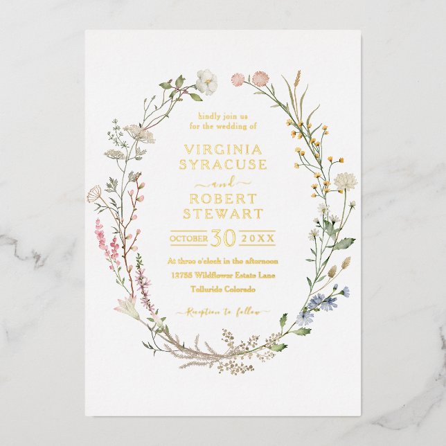 Elegant Wildflower Wreath Royal Simple Wedding Foil Invitation (Front)