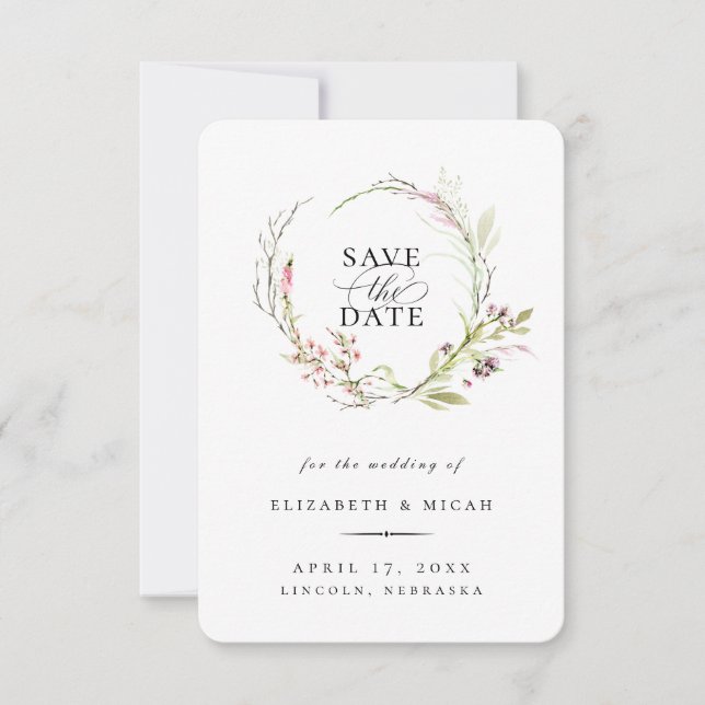 Elegant Wildflower Wreath Save The Date Announcement (Front)