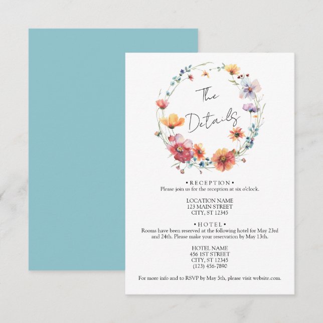 Elegant Wildflower Wreath Summer Wedding Details Enclosure Card (Front/Back)