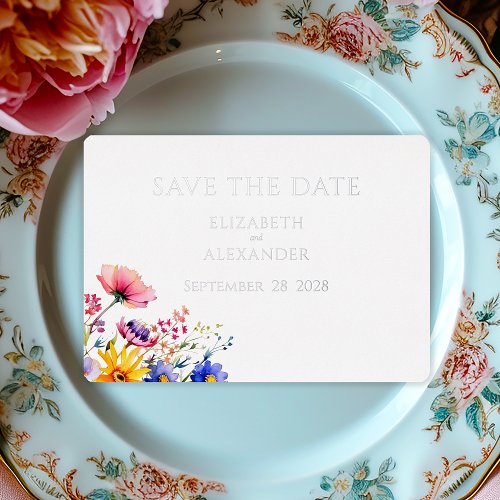 Elegant Wildflowers and Silver Lettering Save Date Foil Invitation
