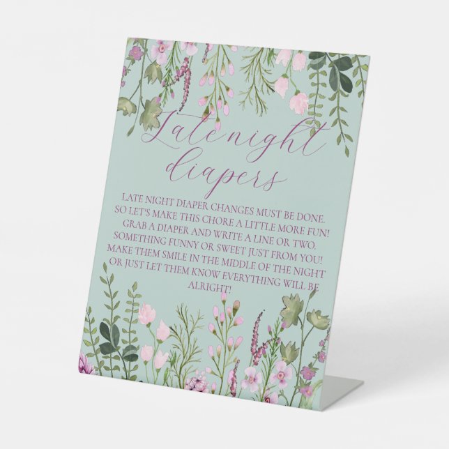 Elegant Wildflowers Baby Shower Late Night Diapers Pedestal Sign (Front)