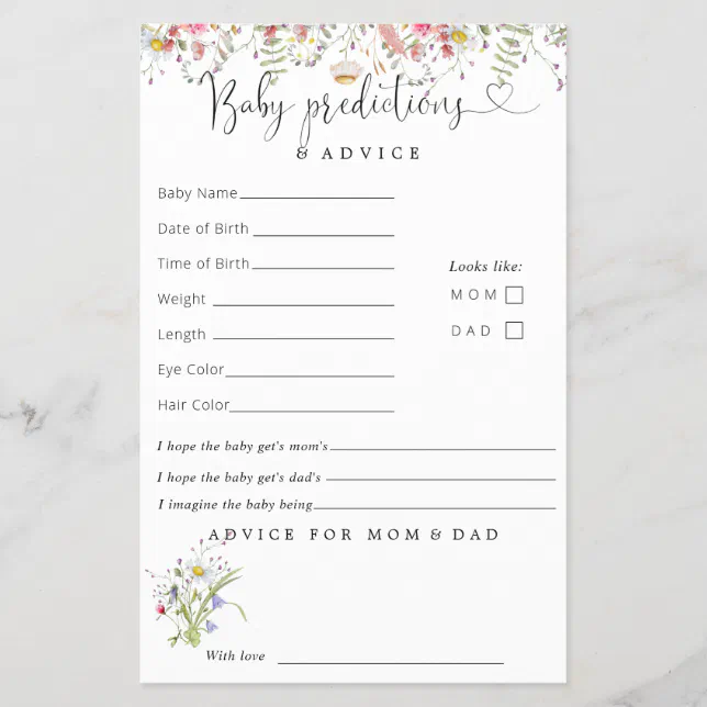 Elegant wildflowers baby shower predictions advice zazzle