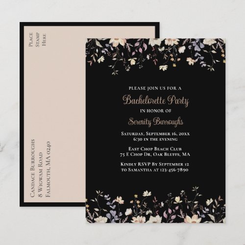 Elegant Wildflowers Black Boho Bachelorette Party Invitation Postcard