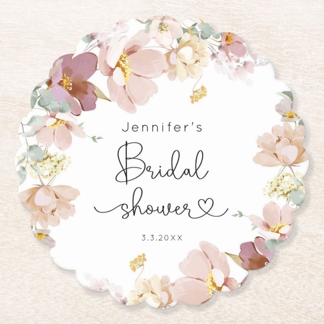 Elegant Wildflowers blush pink bridal shower Paper Coaster (Front)