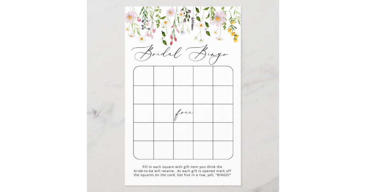 Elegant Wildflowers bridal shower bingo game | Zazzle