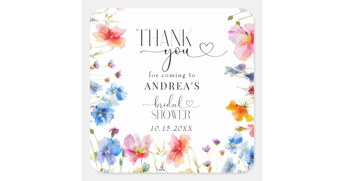 Elegant Wildflowers Bridal Shower Thank You Square Sticker | Zazzle