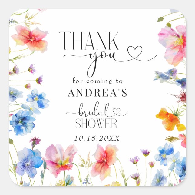 Elegant Wildflowers Bridal Shower Thank You Square Sticker (Front)