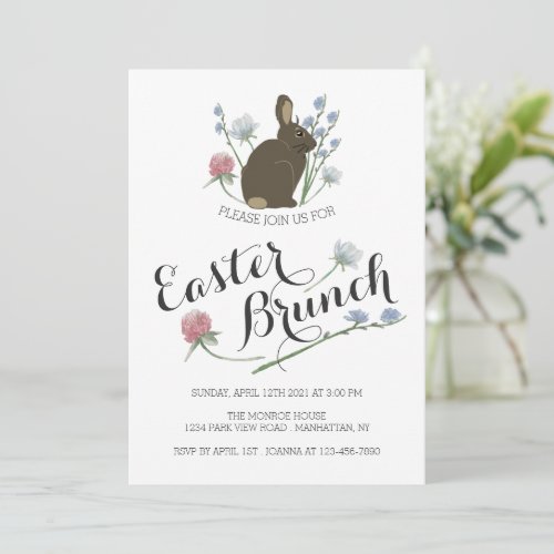 Elegant Wildflowers  Brown Bunny Easter Brunch Announcement