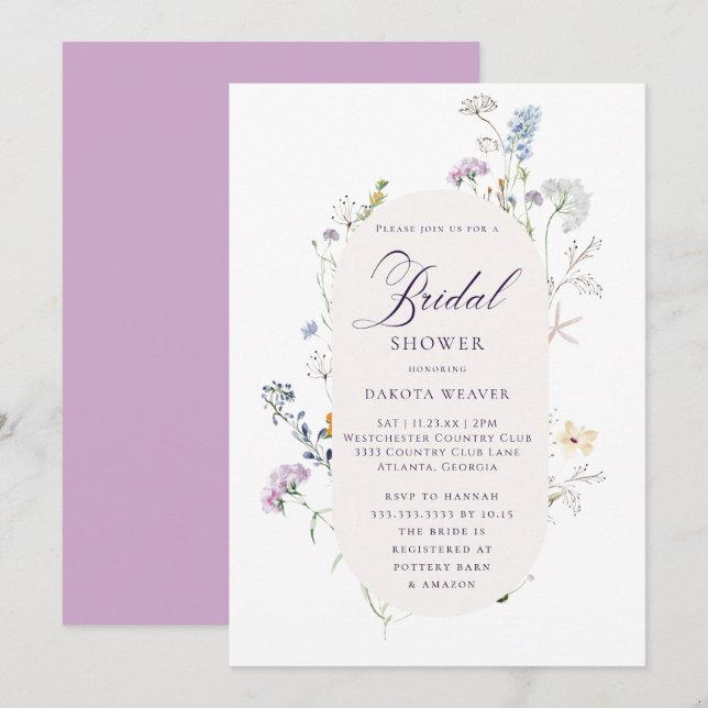 Elegant Wildflowers Calligraphy Bridal Shower Invitation (Front/Back)