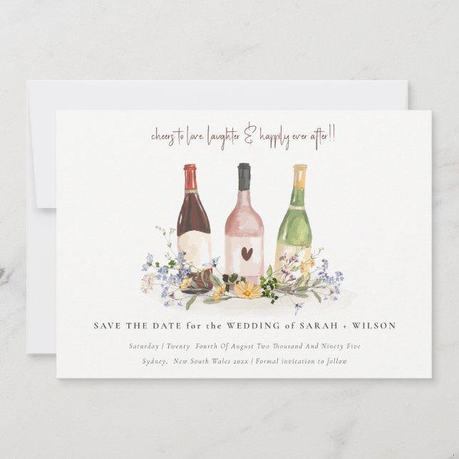 Elegant Wildflowers Cheers to Love Wine Bottles Save The Date (Front)