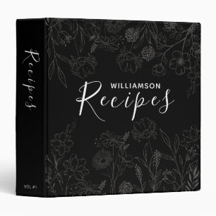 Elegant Wildflowers   Custom Floral Black Recipe 3 Ring Binder