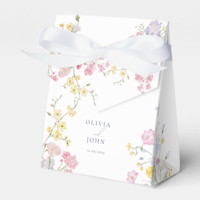 Elegant  Wildflowers Dusty Blue Script Wedding Favor Boxes (Front Side)