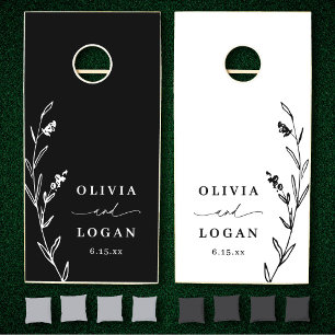 Elegant Wildflowers Farmhouse Black White Wedding Cornhole Set