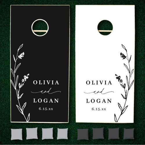 Elegant Wildflowers Farmhouse Black White Wedding Cornhole Set