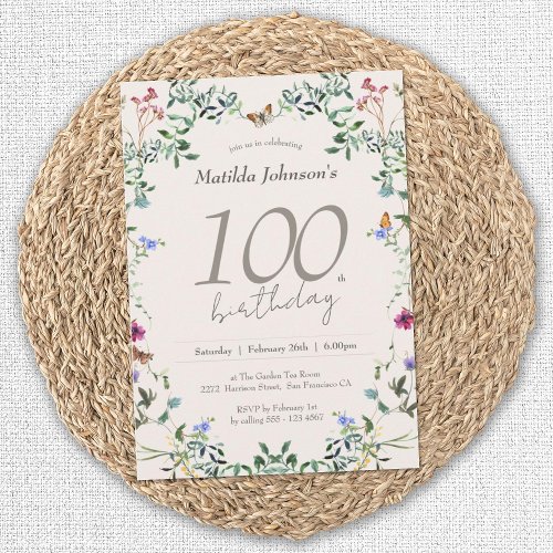 Elegant Wildflowers Floral 100th Birthday Party Invitation