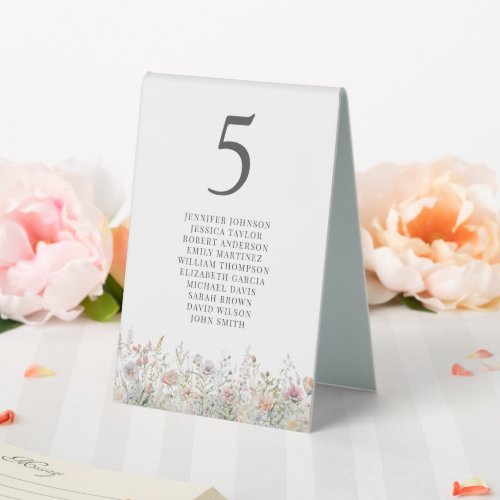 Elegant Wildflowers Floral Watercolor Wedding Table Tent Sign