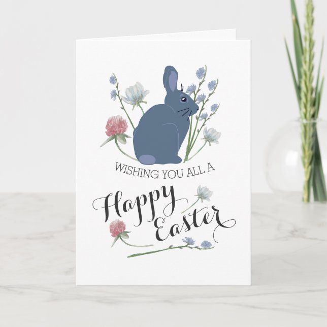 Elegant Wildflowers & Gray Bunny, Easter Card (Front)