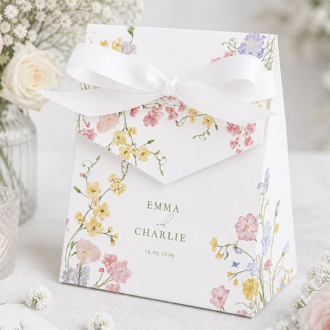 Elegant  Wildflowers Green Script Wedding Favor Boxes (Elegant Wildflowers Green Script Wedding Favor Boxes)