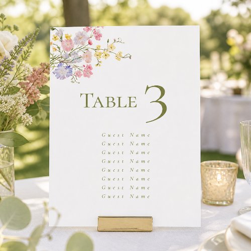 Elegant Wildflowers Green Script Wedding Table Number