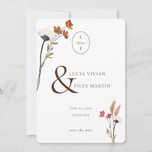Elegant Wildflowers Love Initial Save The Date Invitation (Front)