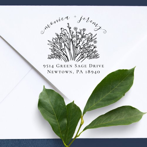 Elegant Wildflowers Married Couple Return Address Rubber Stamp