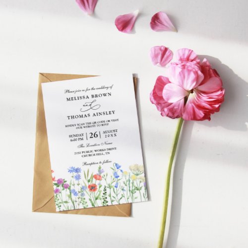 Elegant Wildflowers Modern Budget QR Code Wedding Invitation