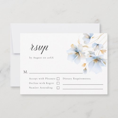 Elegant Wildflowers Pastel Blue Gold Wedding RSVP Card