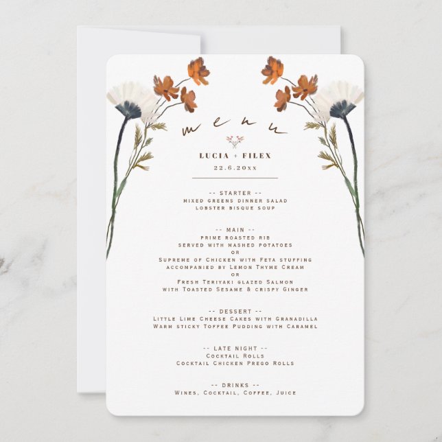 Elegant Wildflowers Pattern Background Menu Card (Front)