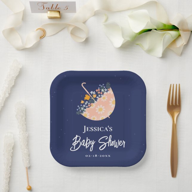 Elegant Wildflowers Pink Umbrella Baby Shower Paper Plates (Wedding)