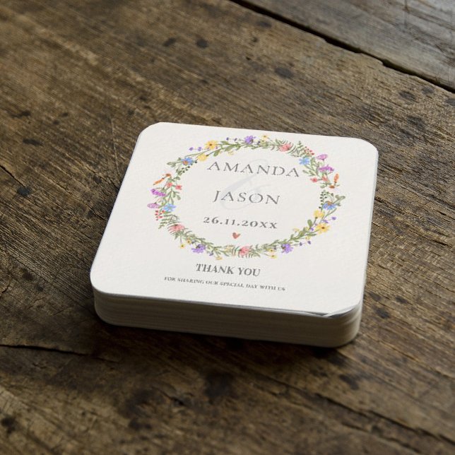 Elegant Wildflowers Purple Yellow Floral Wedding  Beverage Coaster (Creator Uploaded)