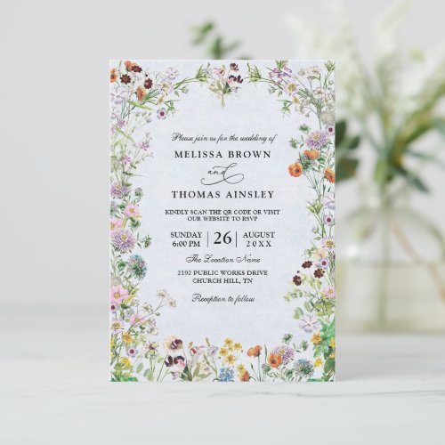 Elegant Wildflowers Rustic Budget Qr Code Wedding Invitation