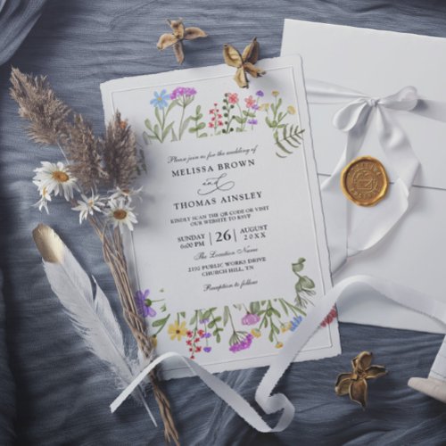 Elegant Wildflowers Rustic Budget QR Code Wedding Invitation